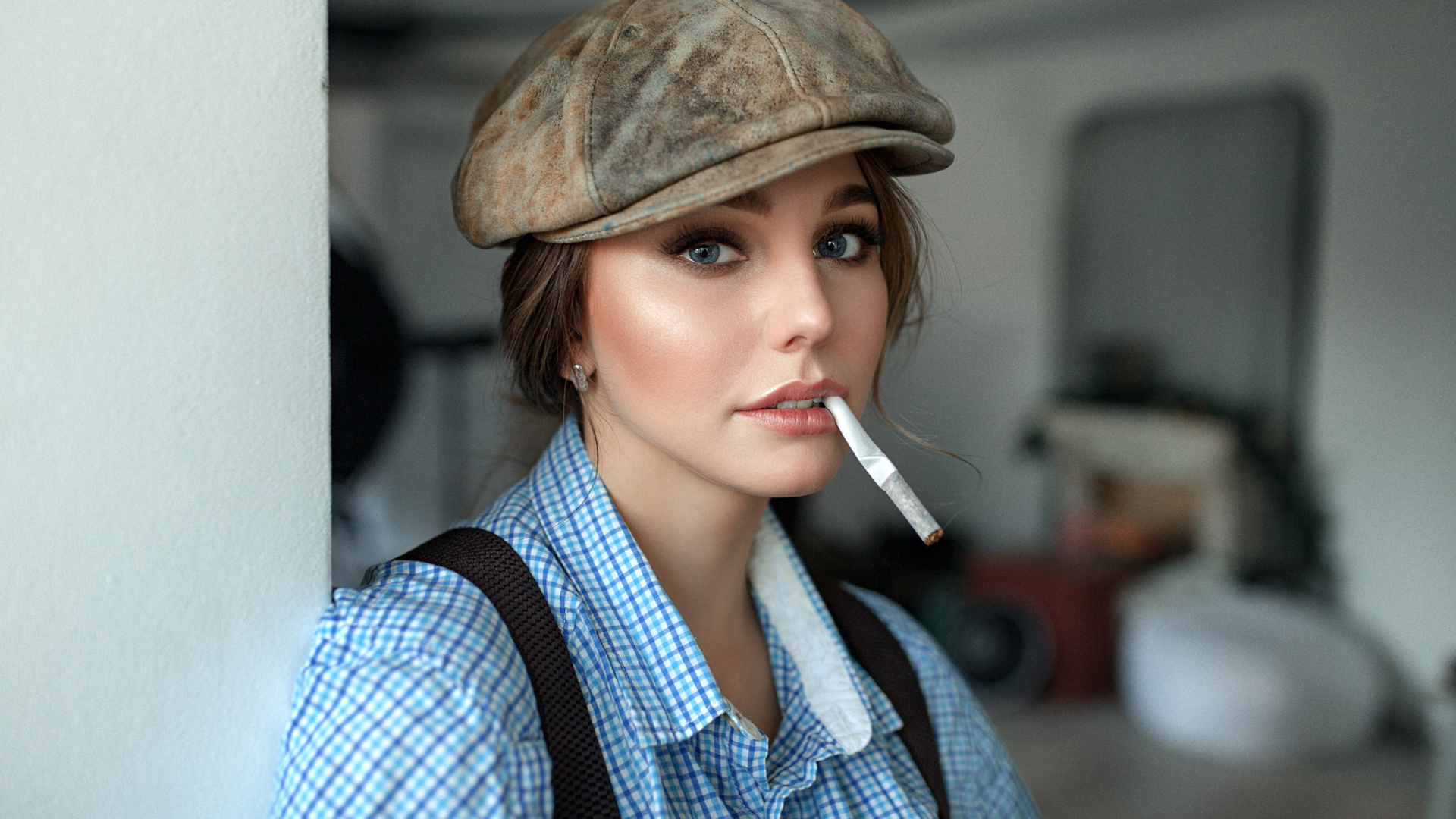 women, blue eyes, shirt, cigarettes, face, portrait, depth of field, suspenders