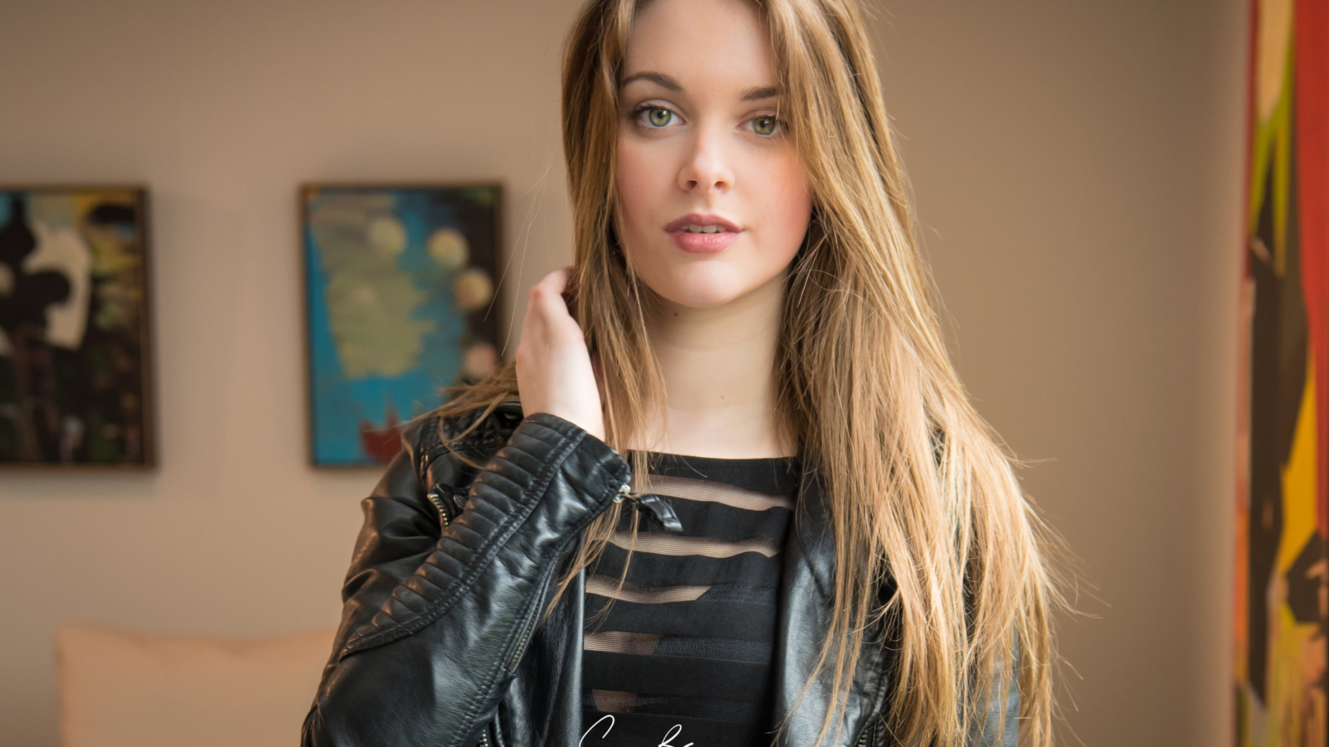 women, blonde, leather jackets, portrait