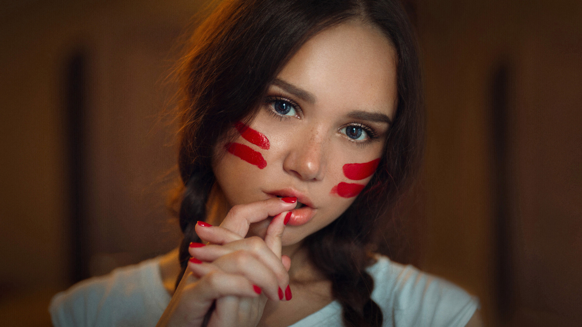 women, face, portrait, pigtails, red nails, blue eyes, finger on lips