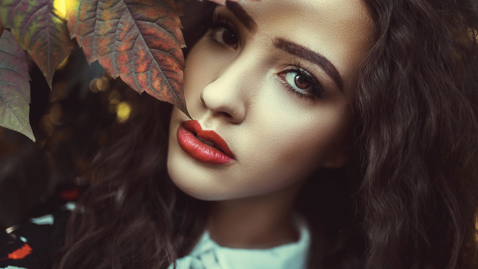 women, face, portrait, red lipstick, leaves