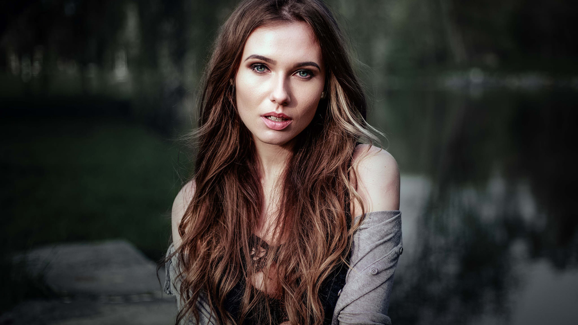 women, face, portrait, depth of field, river, black bras