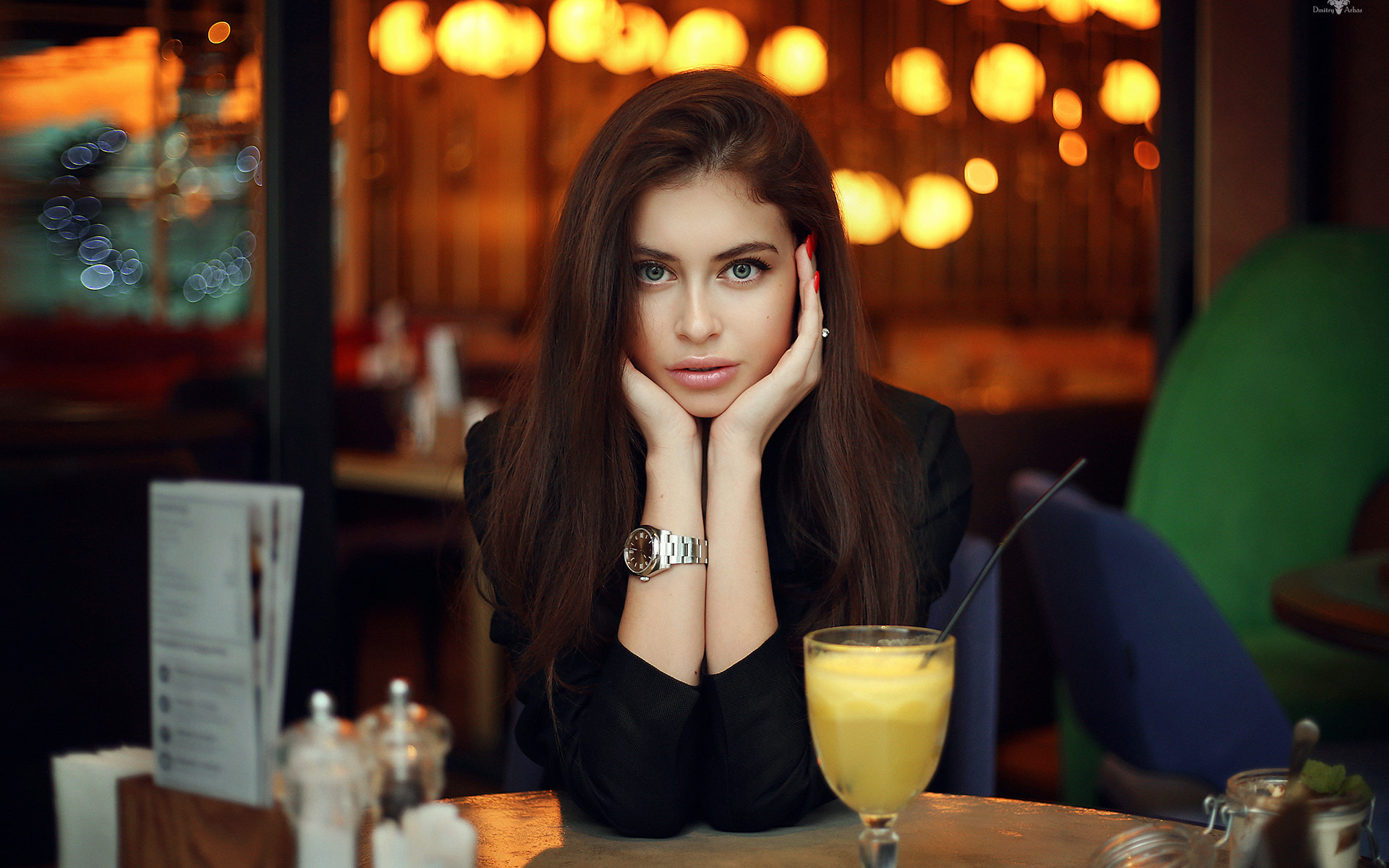 women, portrait, depth of field, red nails, table, cocktail, dmitry arhar