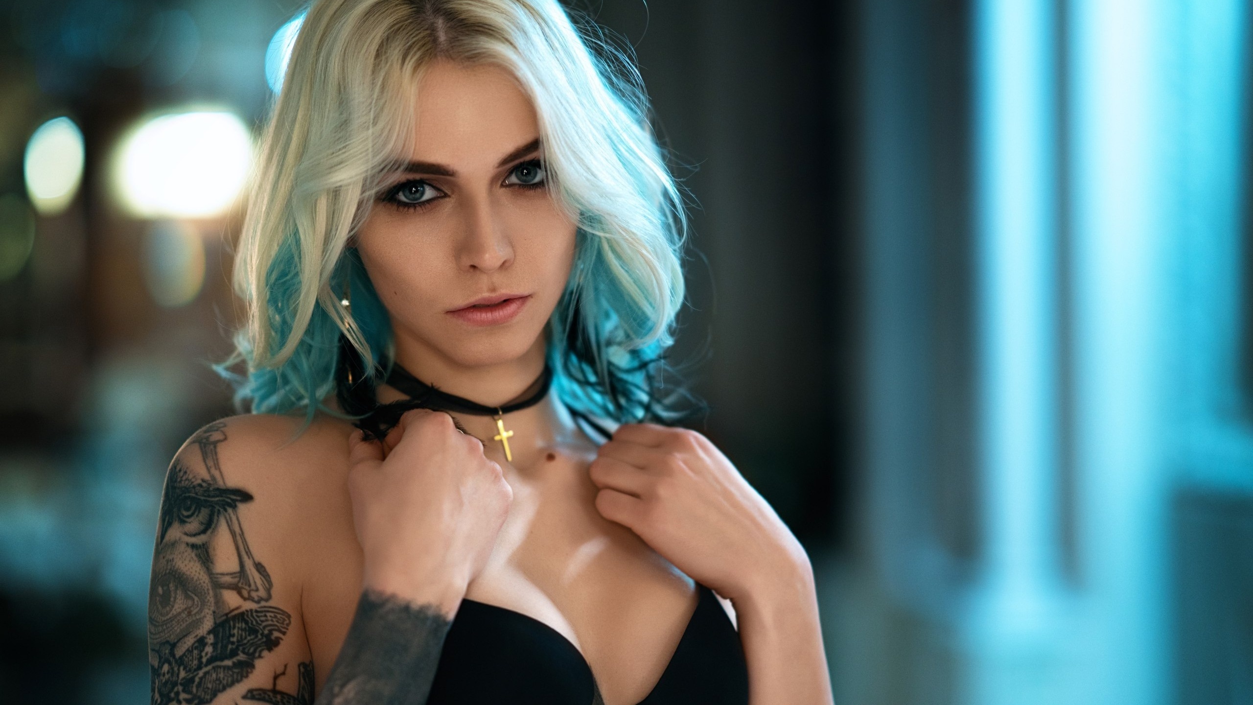 women, blonde, portrait, face, tattoo, dyed hair, blue eyes, , , , 