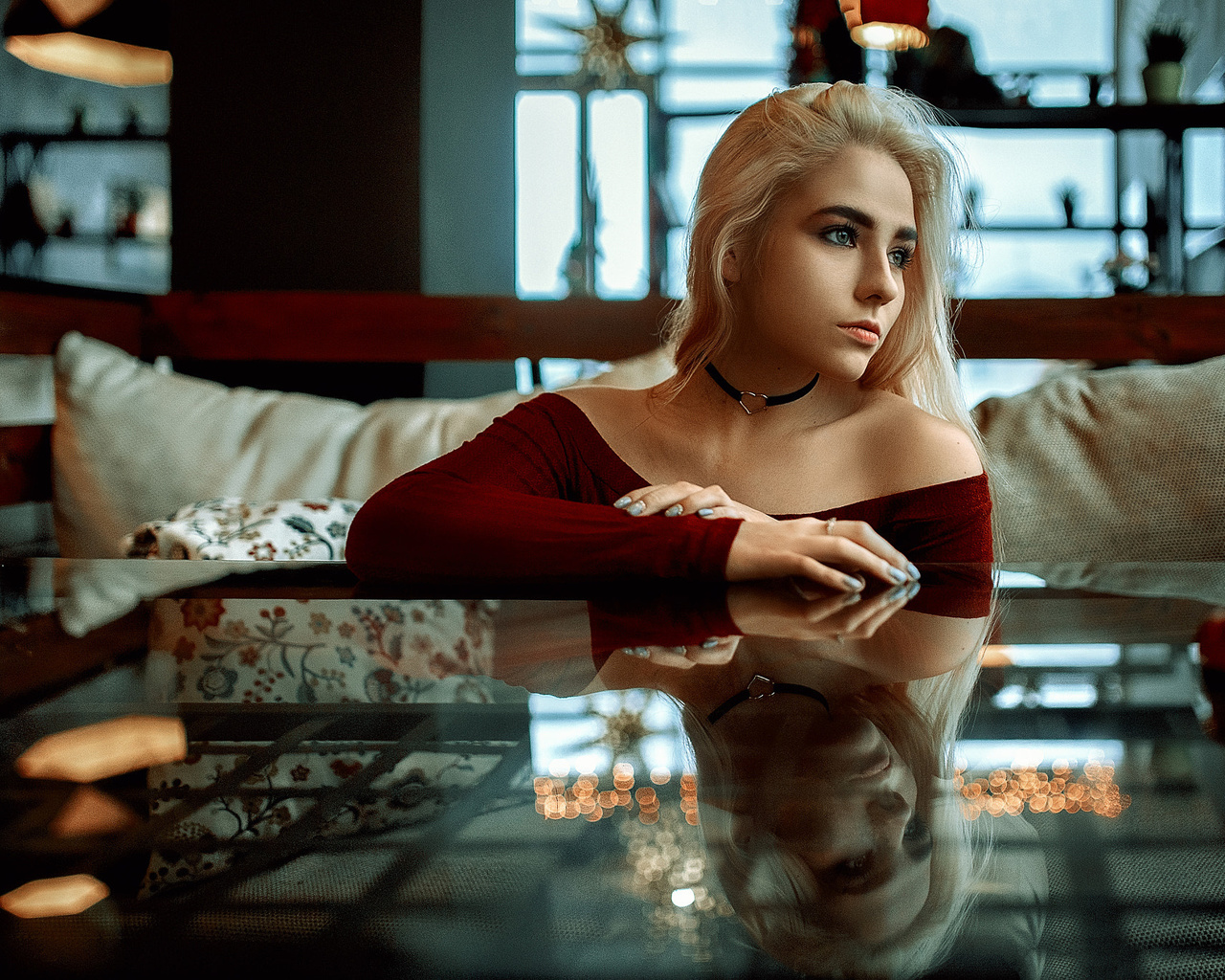 women, blonde, looking away, glass, reflection, portrait, depth of field, 