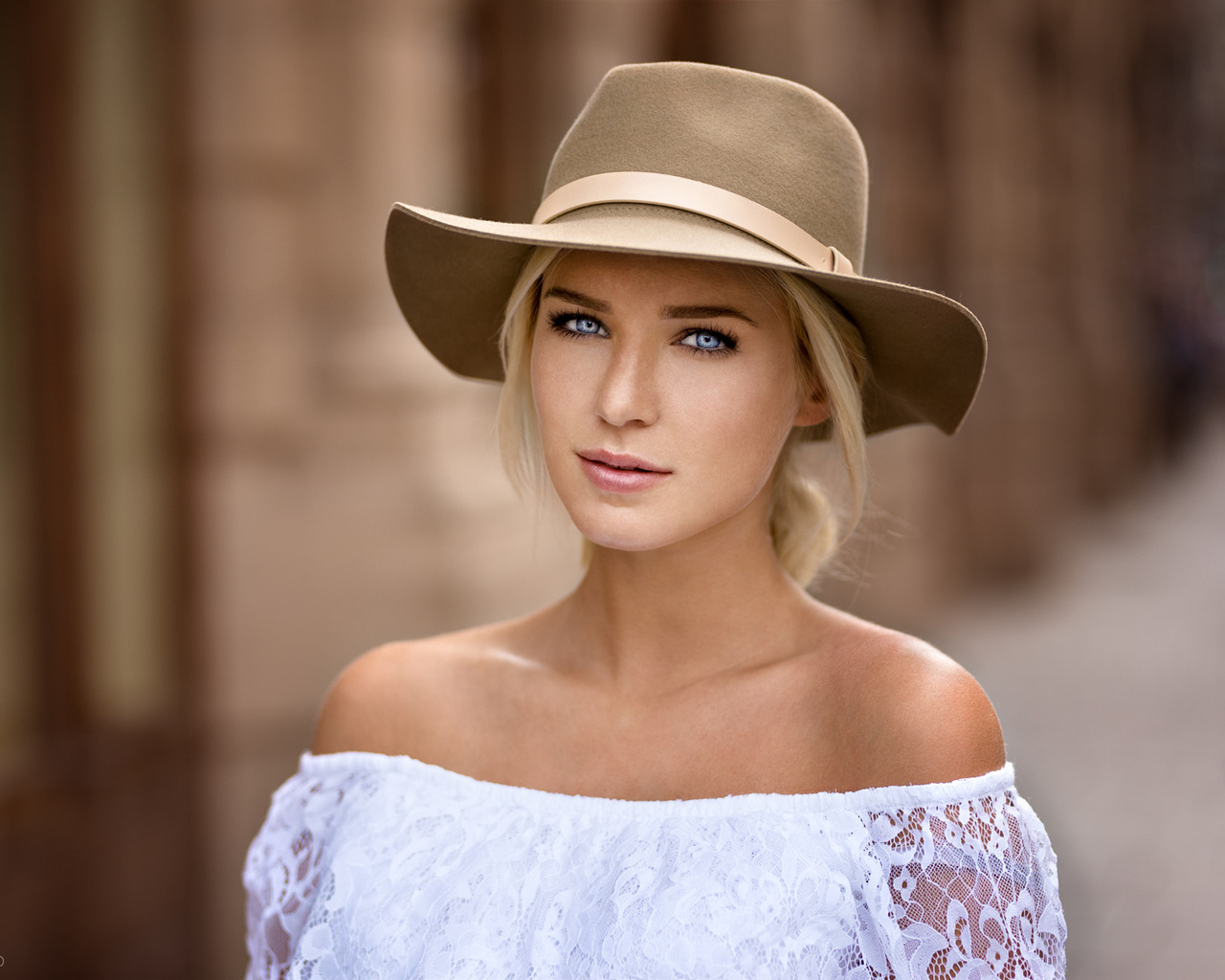 women, blonde, blue eyes, portrait, face, hat, depth of field, bare shoulders, , , , , ,  , , , 