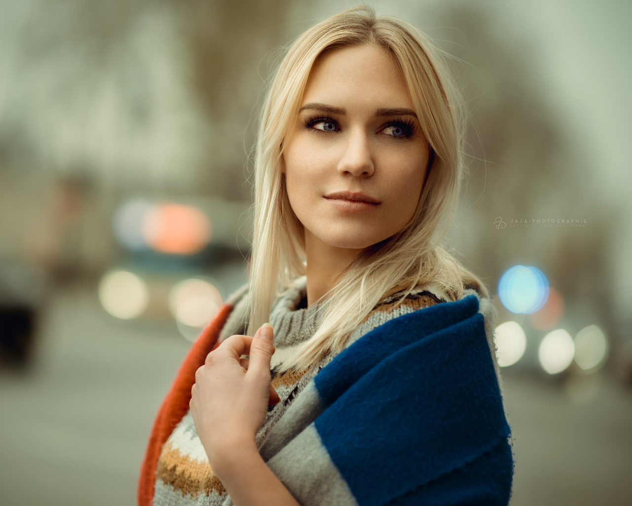 women, blonde, face, portrait, depth of field, looking away, blue eyes