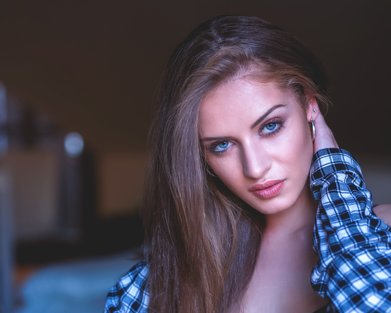 women, face, blue eyes, portrait, depth of field, shirt