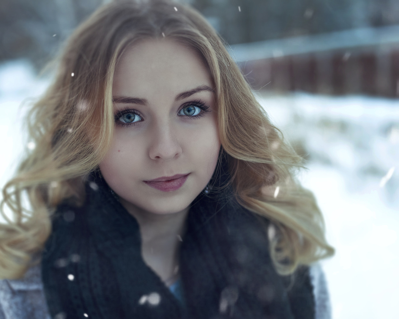 women, blonde, face, portrait, depth of field, women outdoors, snow, scarf