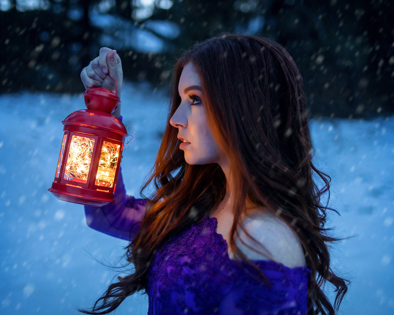 women, gas lamps, portrait, lamp, snow, face, looking away, women outdoors