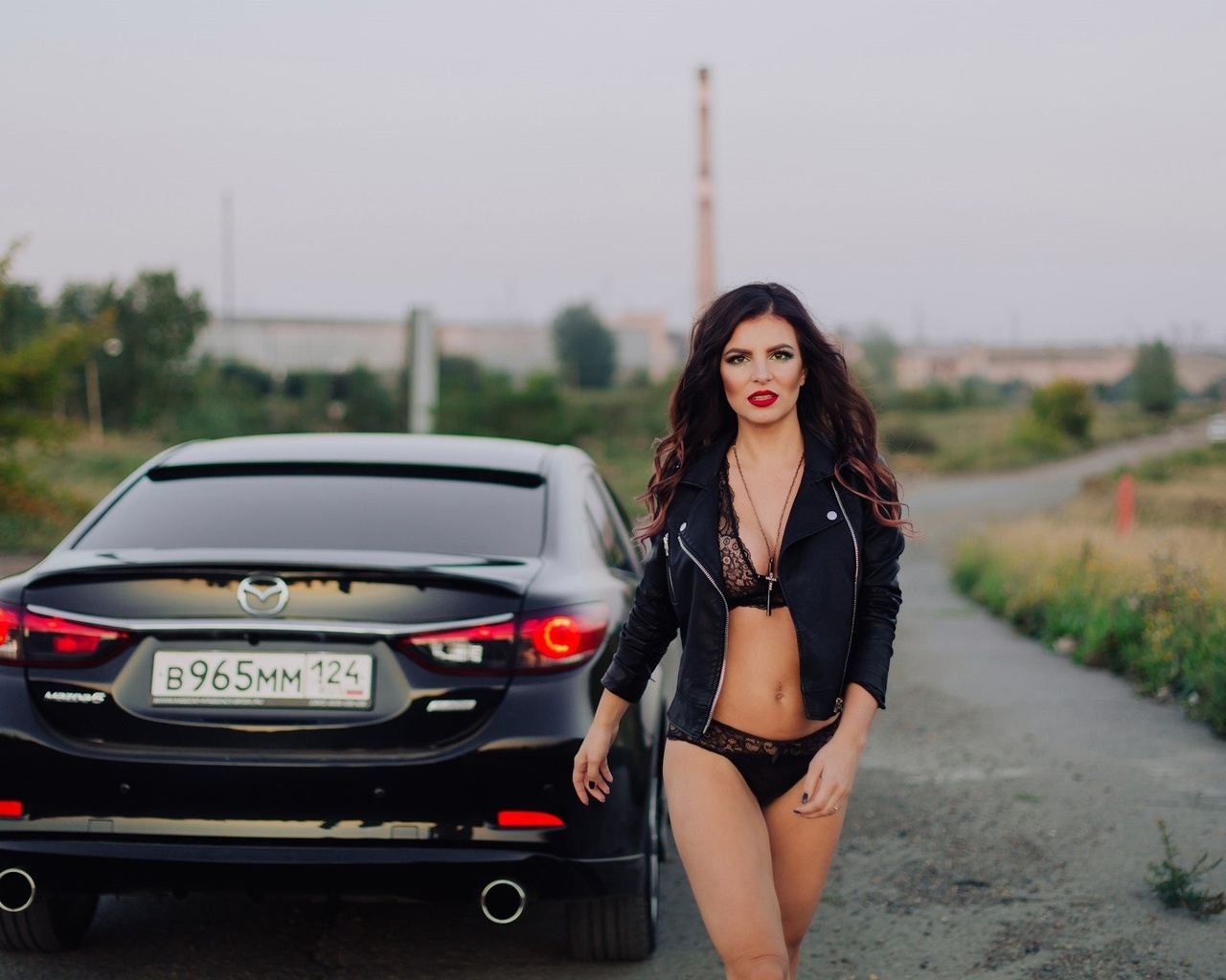 women, road, brunette, black lingerie, red lipstick, women outdoors, women with cars, belly, portrait, leather jackets, necklace, depth of field, black nails