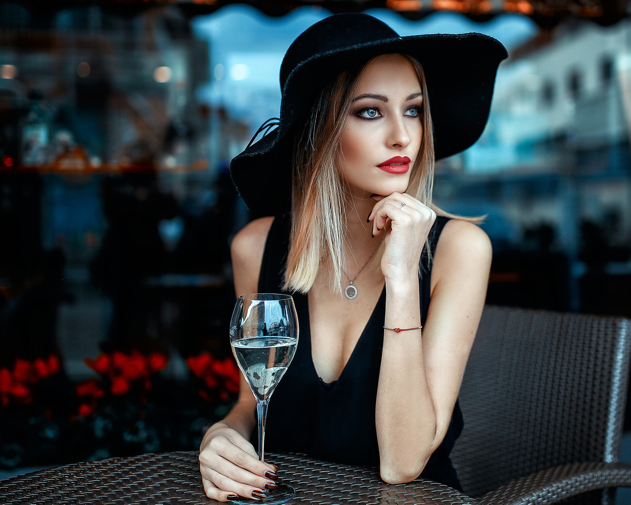 women, hat, blue eyes, painted nails, chair, table, blonde, drinking glass, depth of field, alessandro di cicco, red lipstick, necklace, looking away