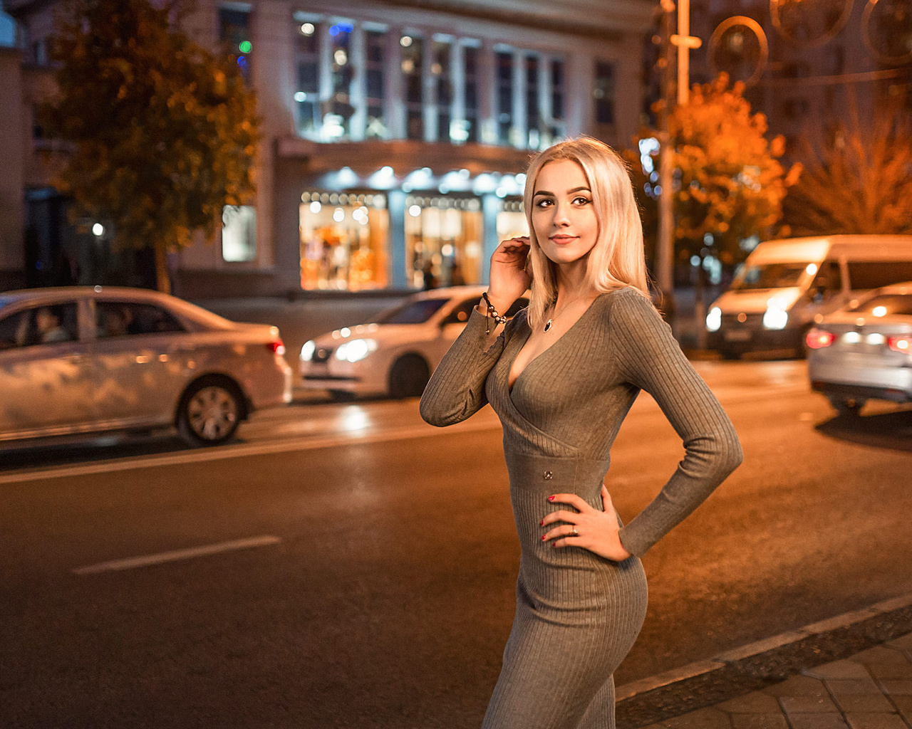 women, portrait, tight dress, blonde, women outdoors, necklace, red nails, smiling, cleavage, depth of field, looking away