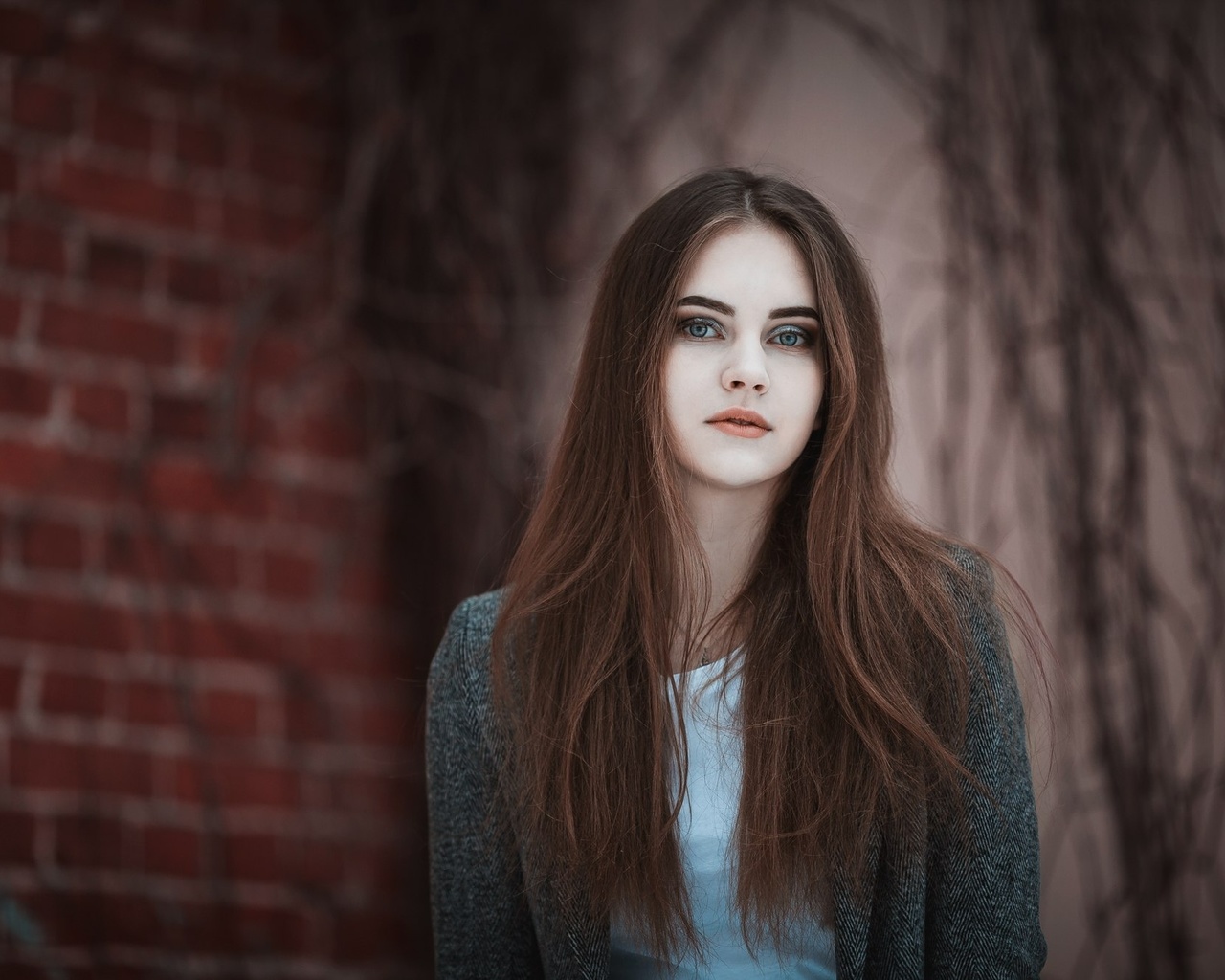 women, face, blue eyes, depth of field, bricks, portrait, 