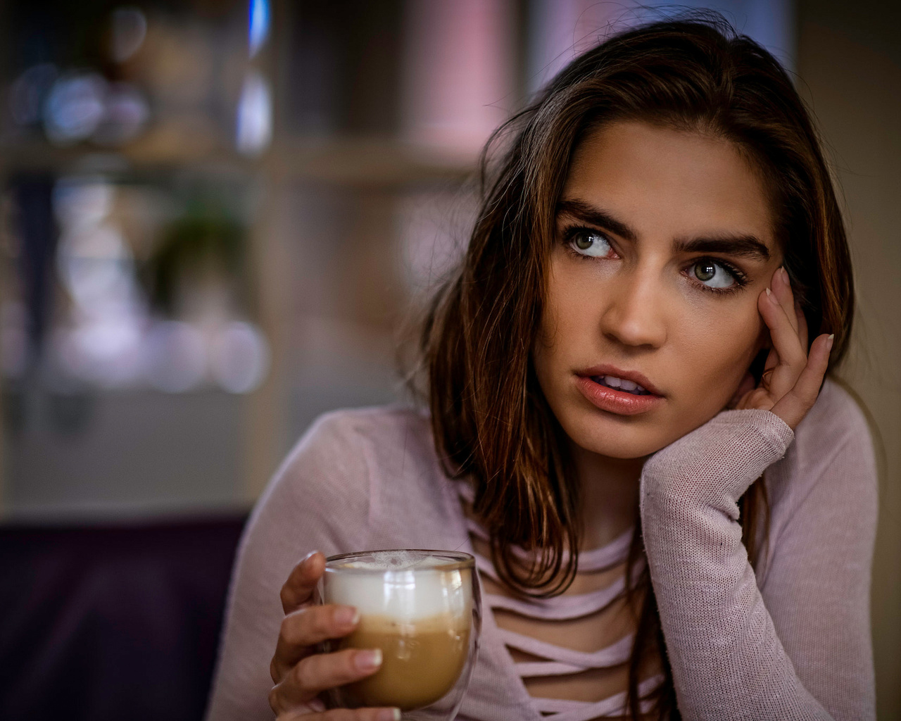 women, face, portrait, depth of field, brunette, cup, looking away, lily gilbert