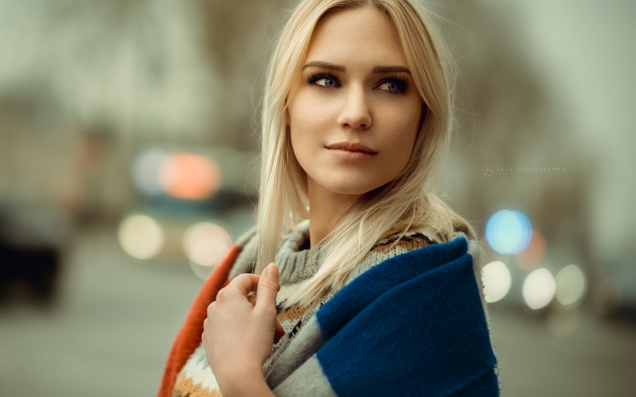 women, blonde, face, portrait, depth of field, looking away, blue eyes