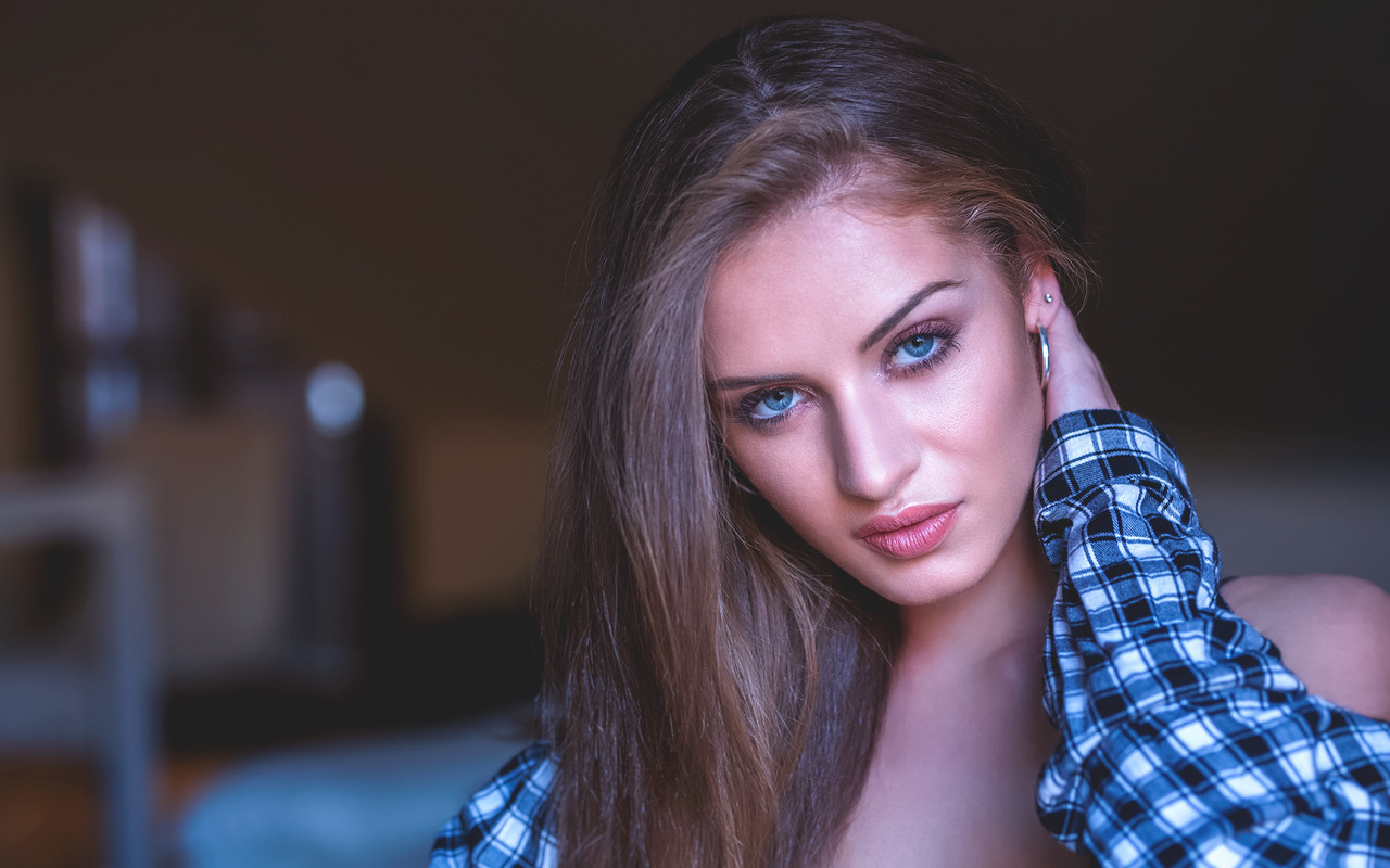 women, face, blue eyes, portrait, depth of field, shirt