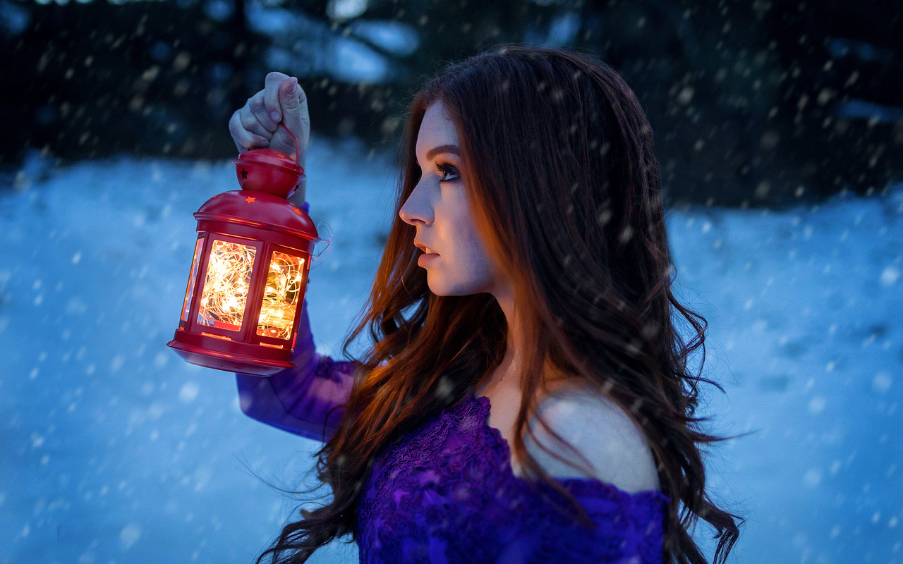 women, gas lamps, portrait, lamp, snow, face, looking away, women outdoors