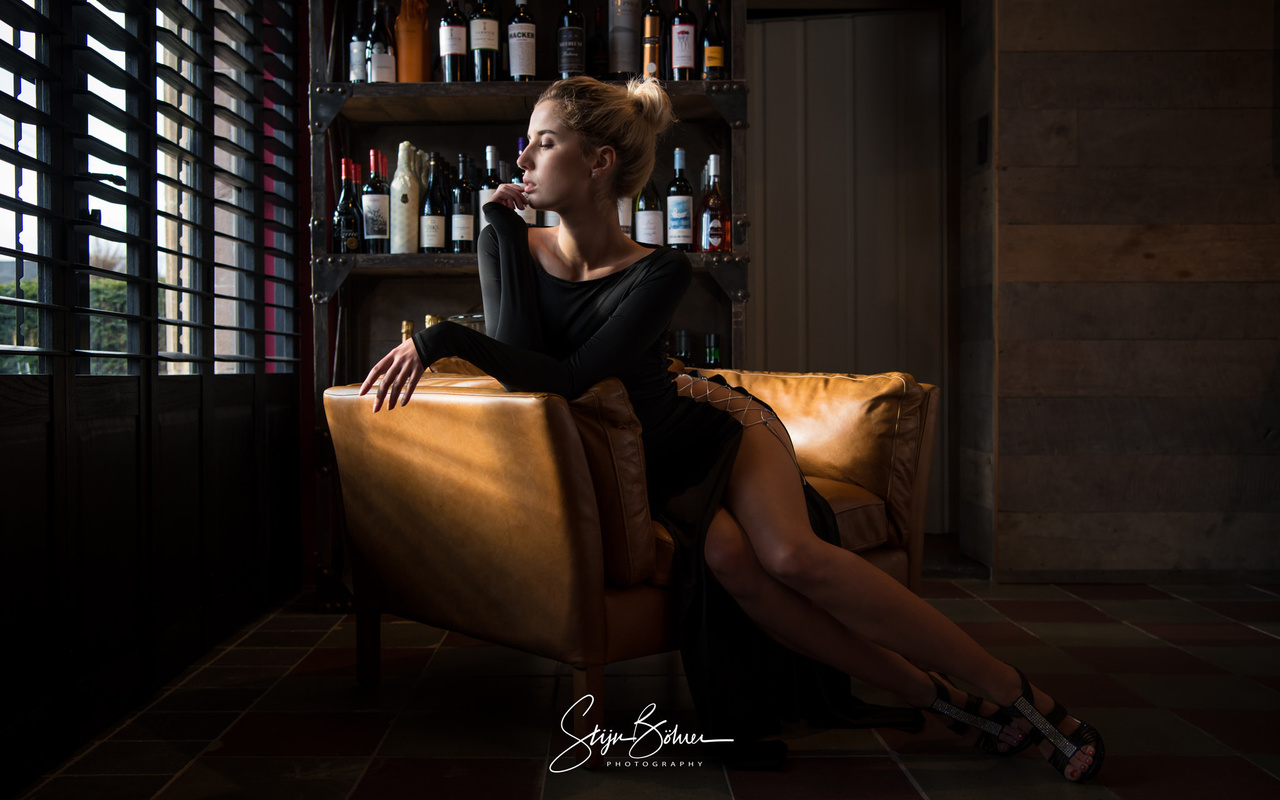 women, marina nelson, black dress, sitting, blonde, window, high heels, bottles