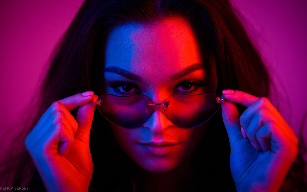 women, face, portrait, women with glasses, neon