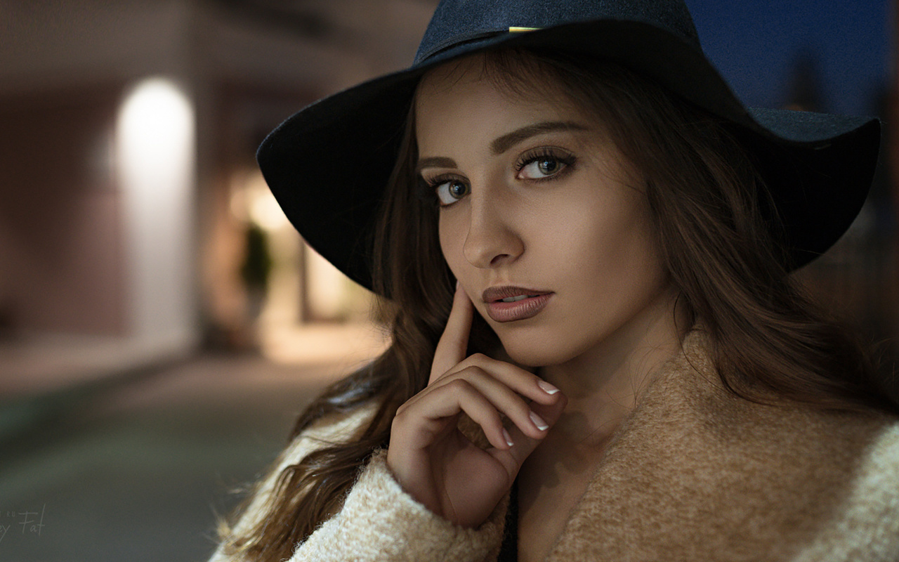 women, face, sergey fat, portrait, hat, depth of field