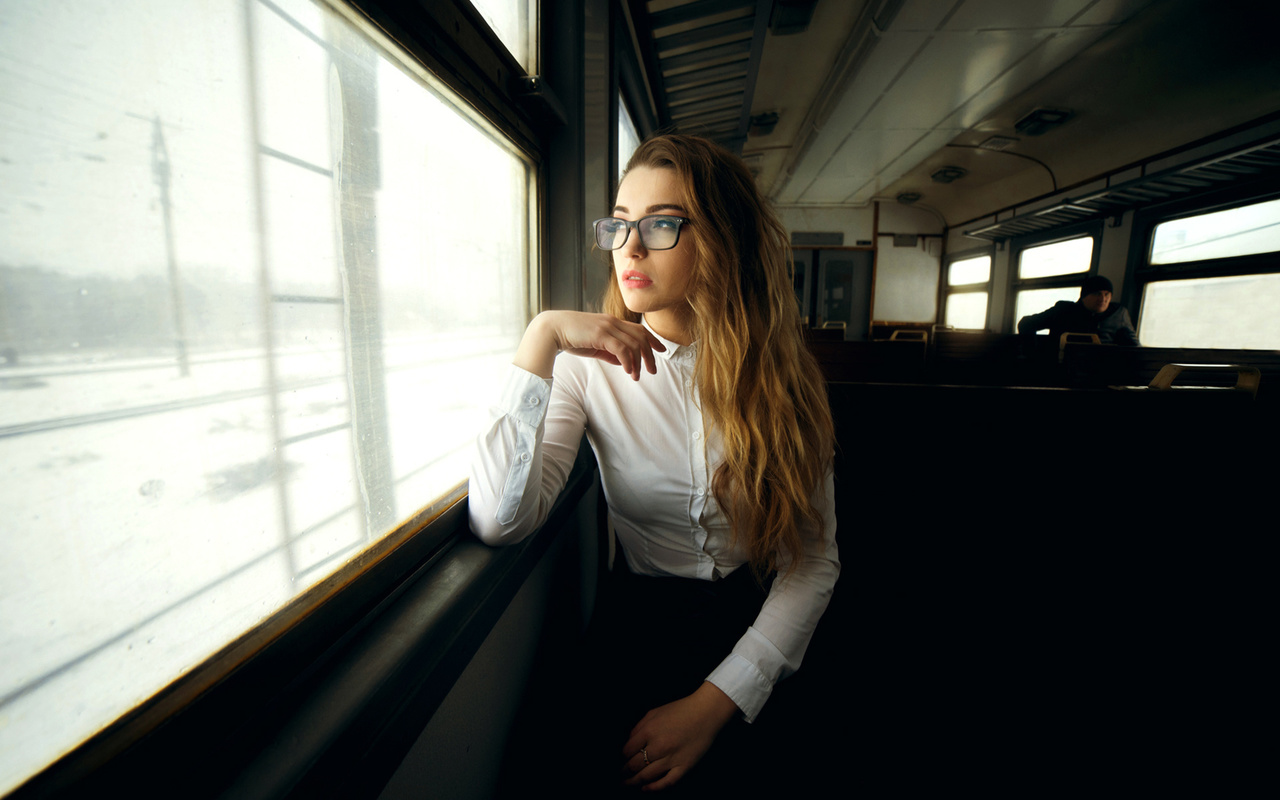 women, white shirt, blonde, portrait, sitting, looking away, train, women with glasses, long hair