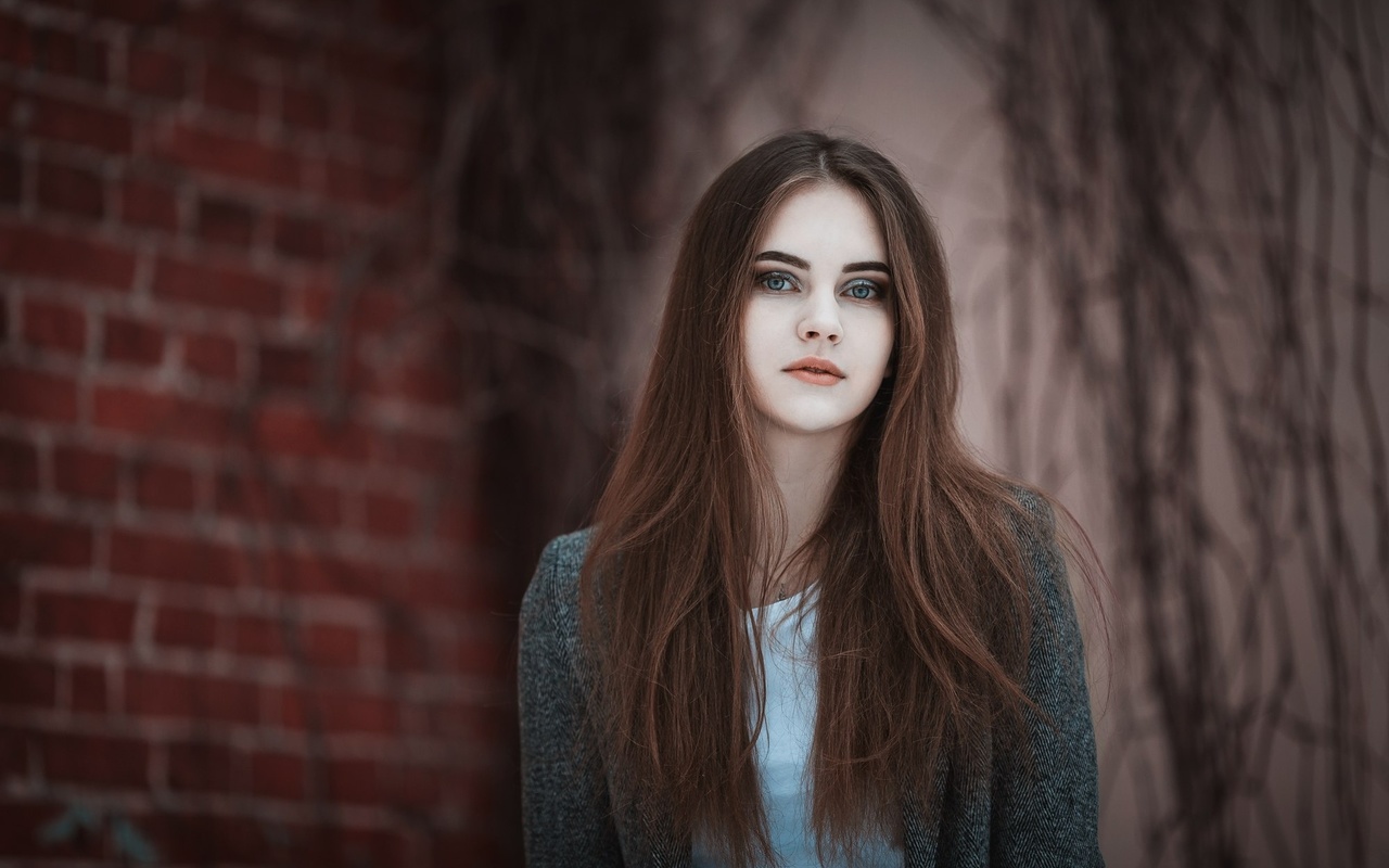 women, face, blue eyes, depth of field, bricks, portrait, 