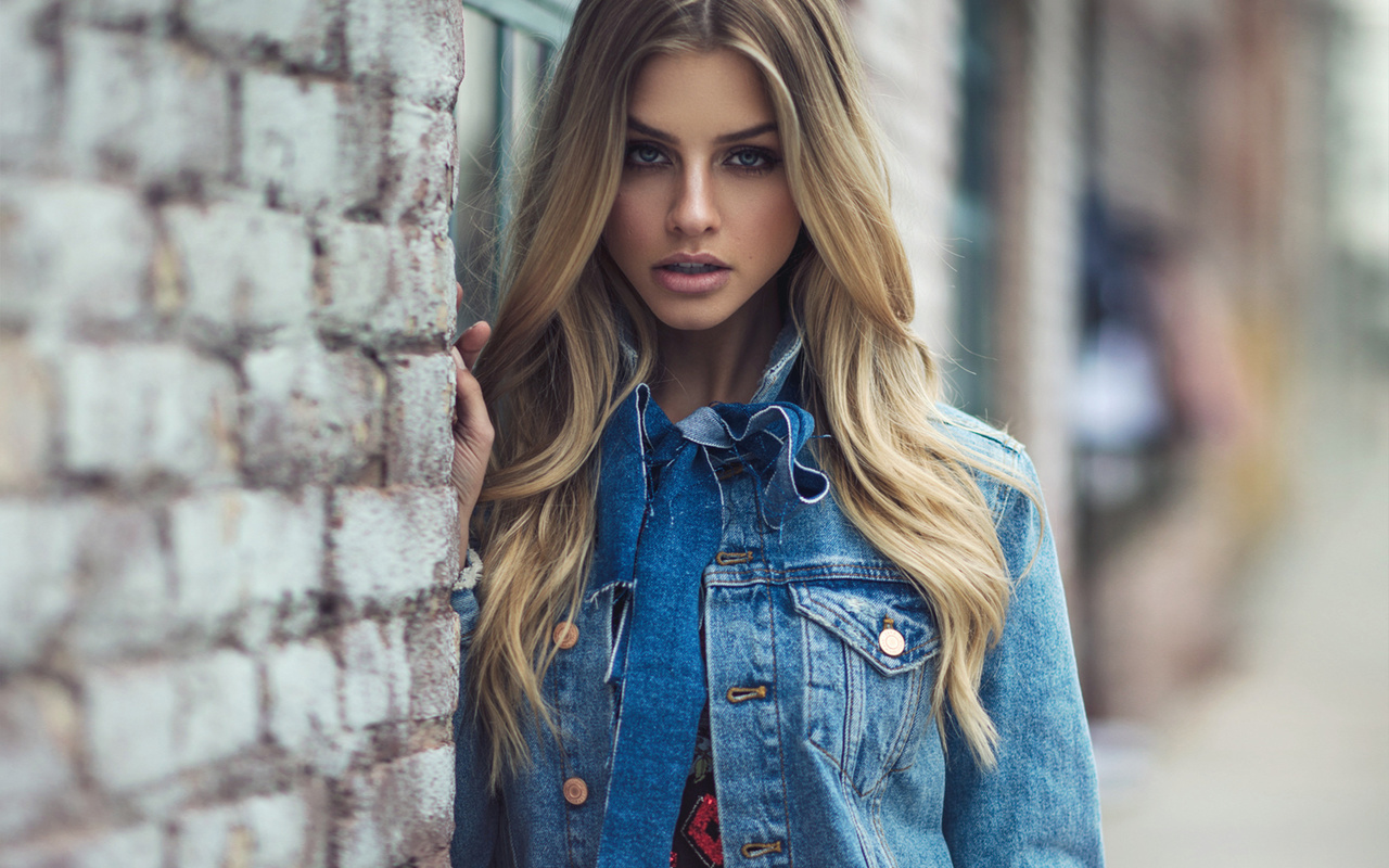 women, blonde, portrait, denim, face, bricks, blue eyes, depth of field