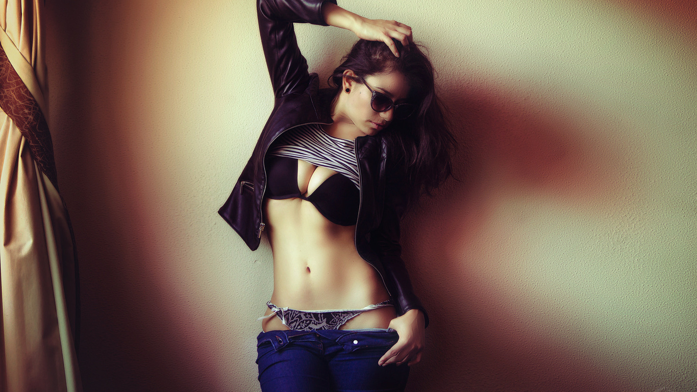 women, belly, black bras, panties, undressing, hips, sunglasses, leather jackets, jeans, portrait, wall