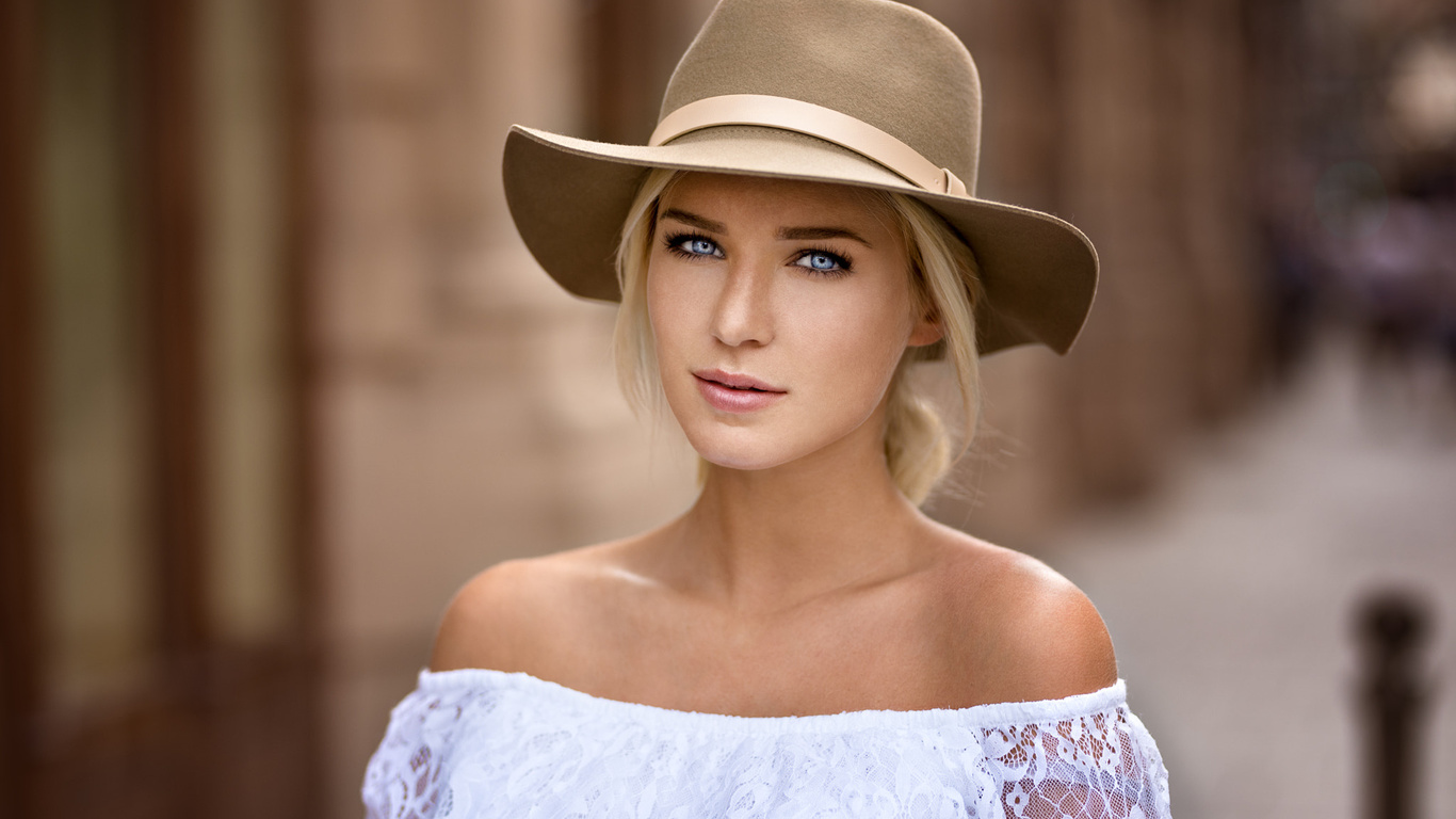 women, blonde, blue eyes, portrait, face, hat, depth of field, bare shoulders, , , , , ,  , , , 