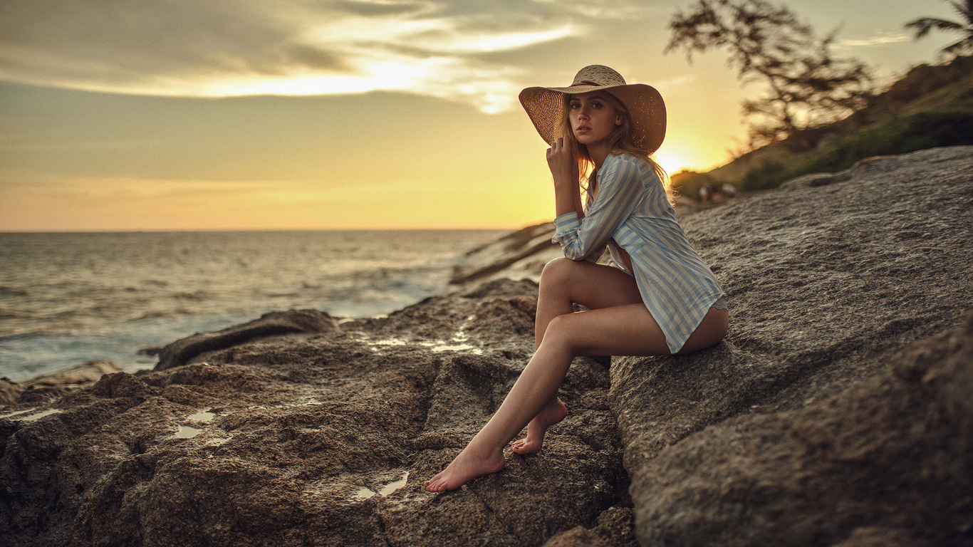 women, ksenia kokoreva, sunset, hat, shirt, sea, sitting, brunette, women outdoors, lingerie, blonde, depth of field