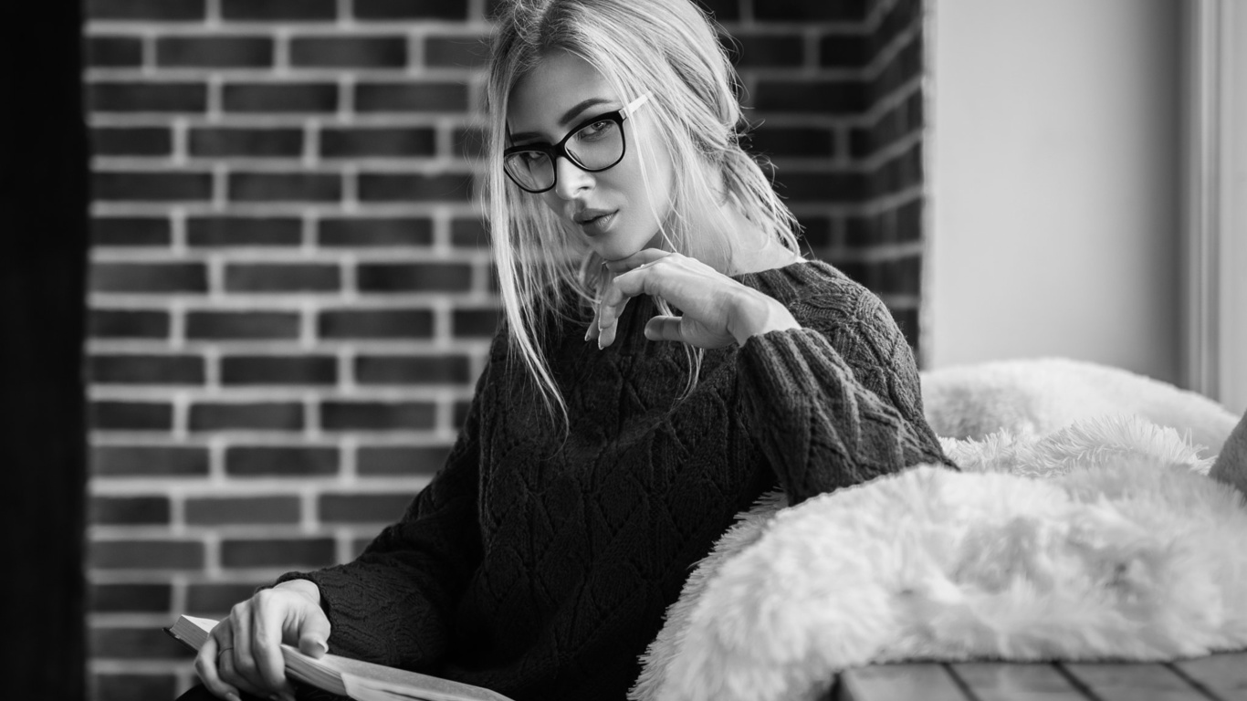 women, portrait, monochrome, women with glasses, wall, books, sitting