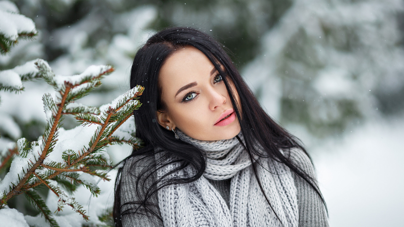 angelina petrova, women, snow, scarf, denis petrov, depth of field, women outdoors, portrait