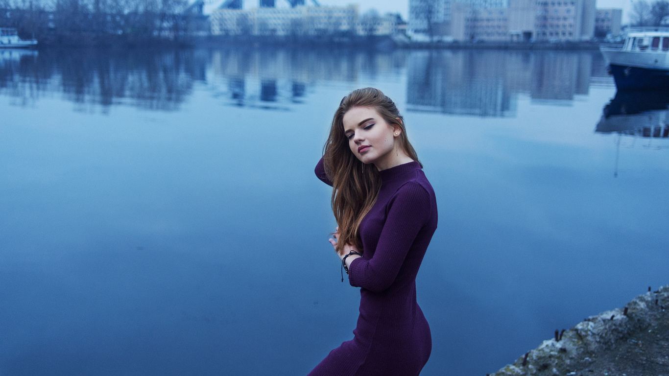 women, portrait, depth of field, closed eyes, water, boat, purple dresses, reflection