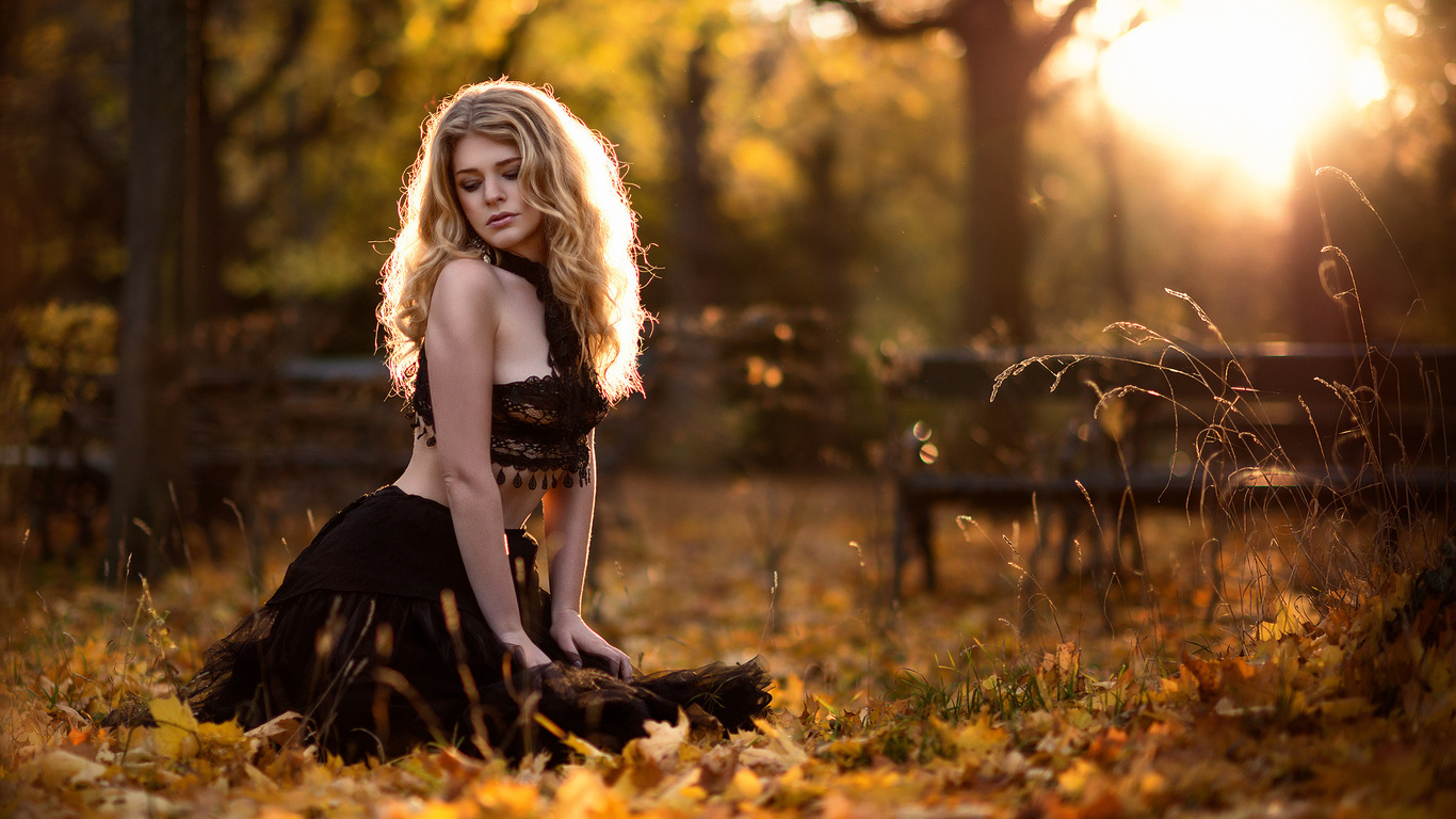 women, blonde, trees, kneeling, depth of field, women outdoors, skirt, leaves, black clothing