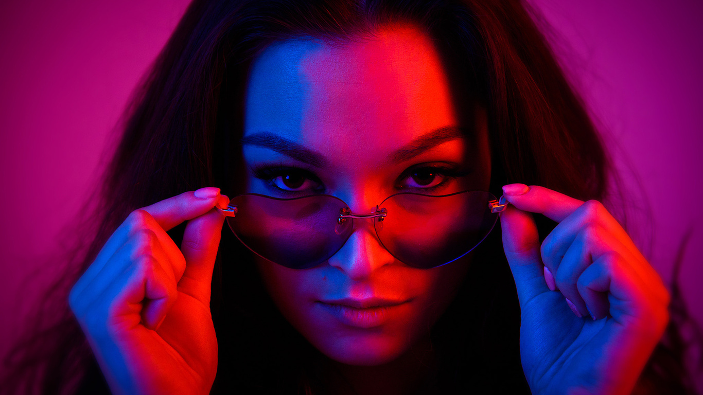 women, face, portrait, women with glasses, neon