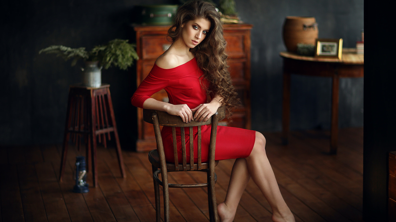 women, chair, portrait, red dress, sitting