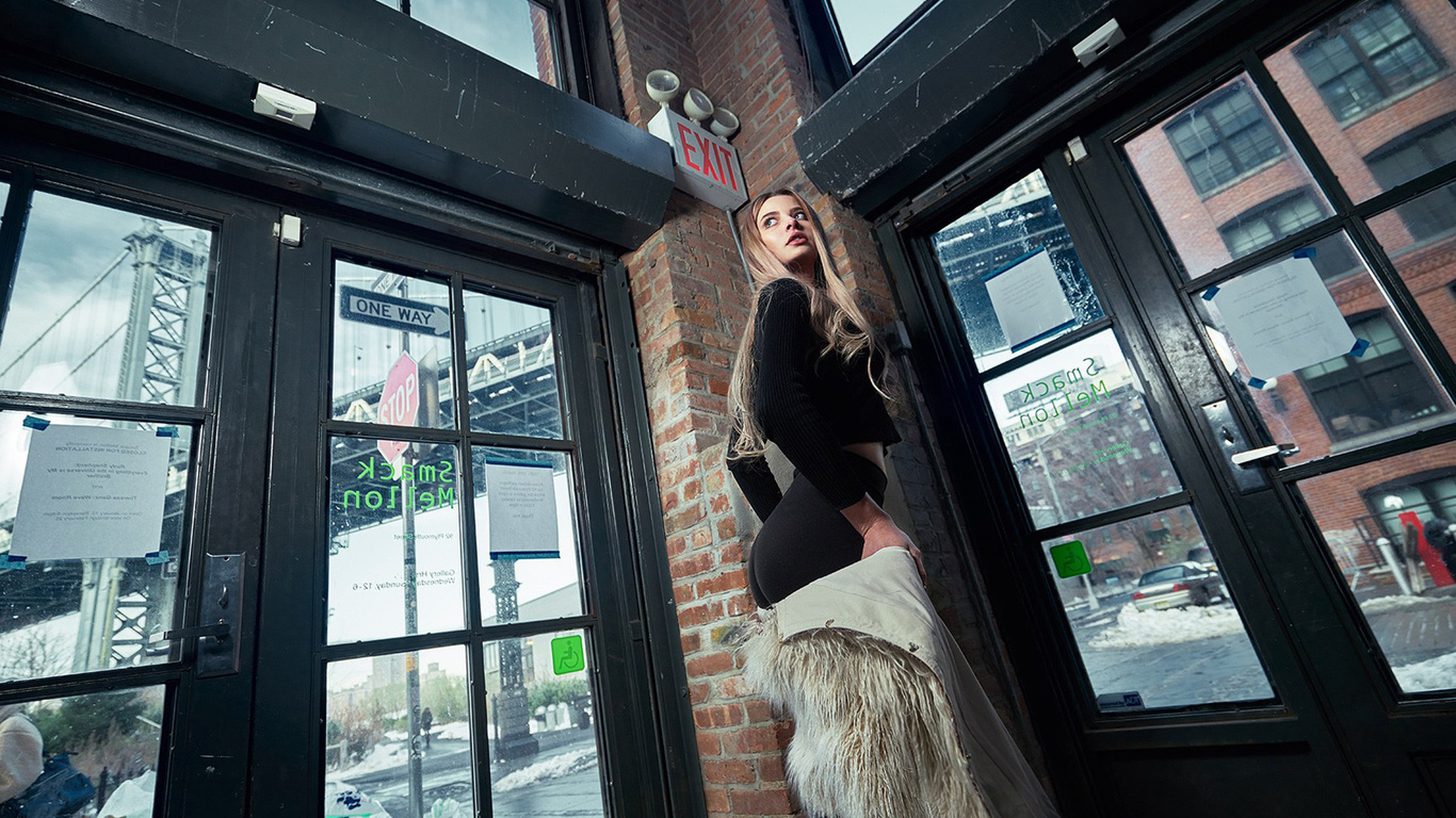 women, blonde, rear view, ass, fur, black clothing, long hair, looking away, yulia pios