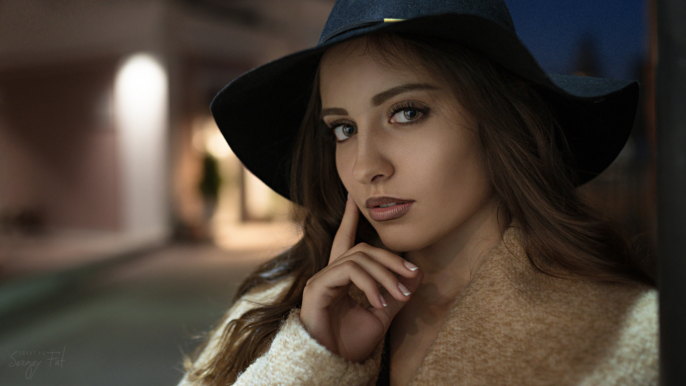 women, face, sergey fat, portrait, hat, depth of field