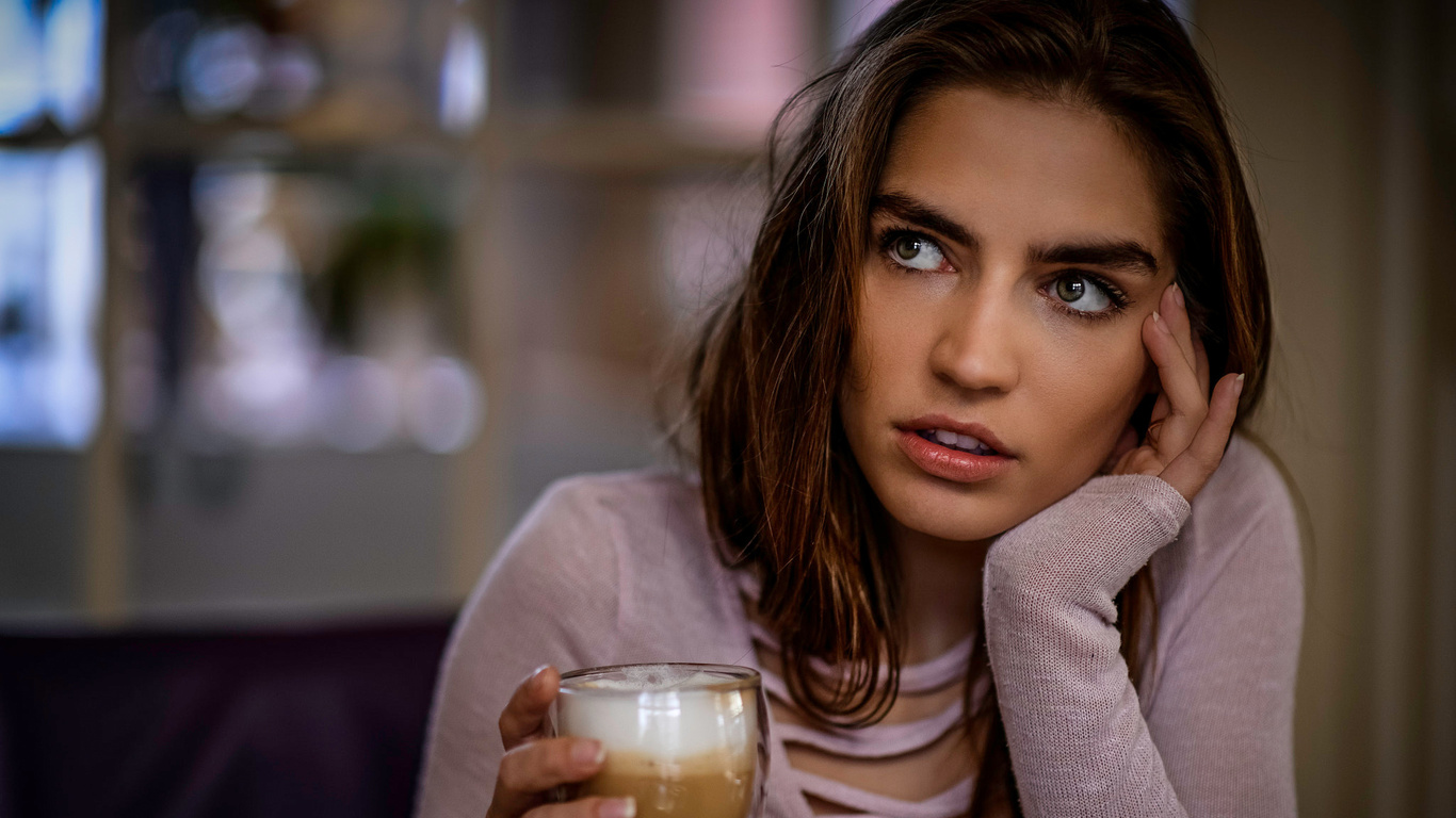 women, face, portrait, depth of field, brunette, cup, looking away, lily gilbert