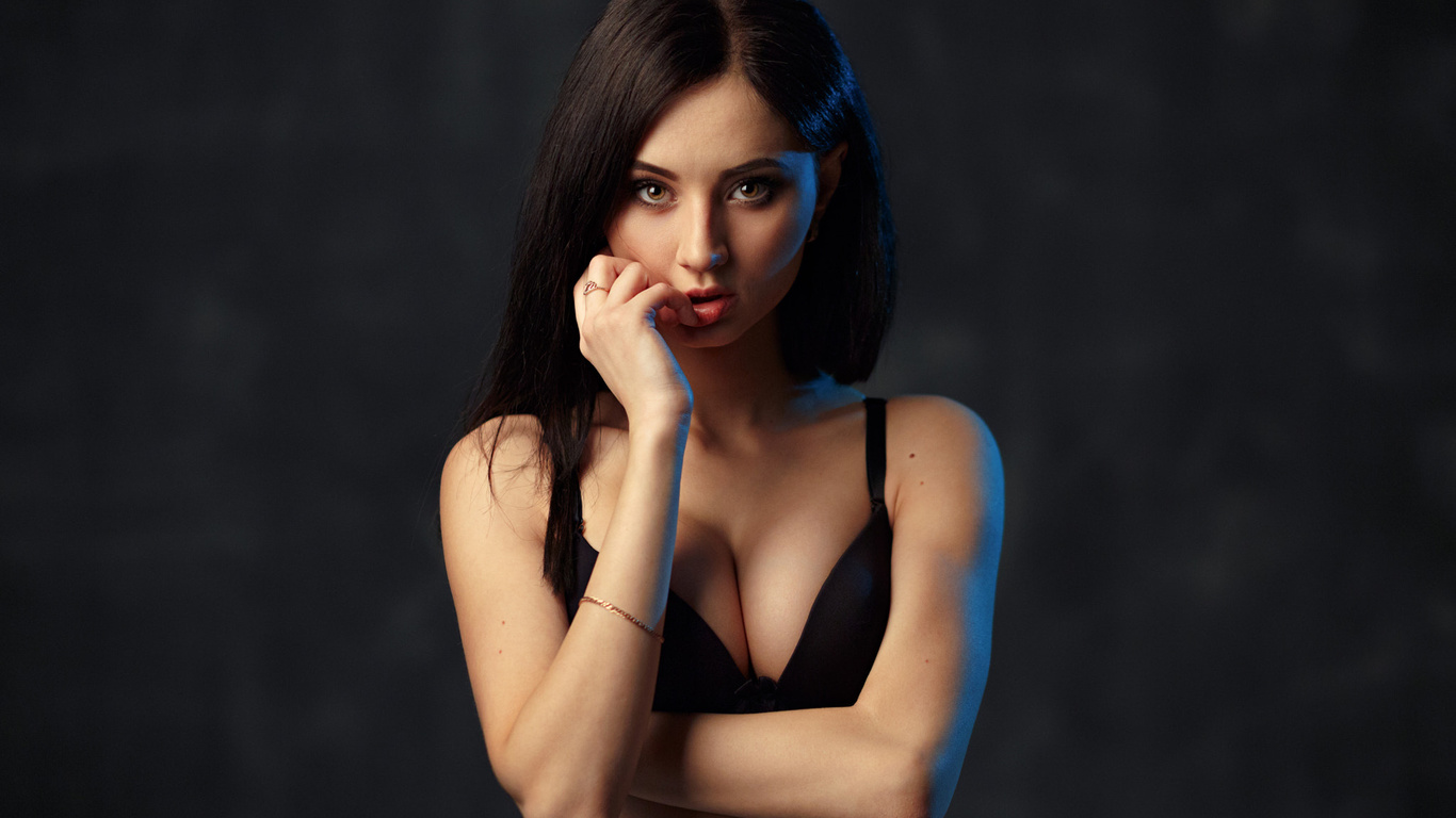 women, finger on lips, brunette, black bras, red lipstick, portrait