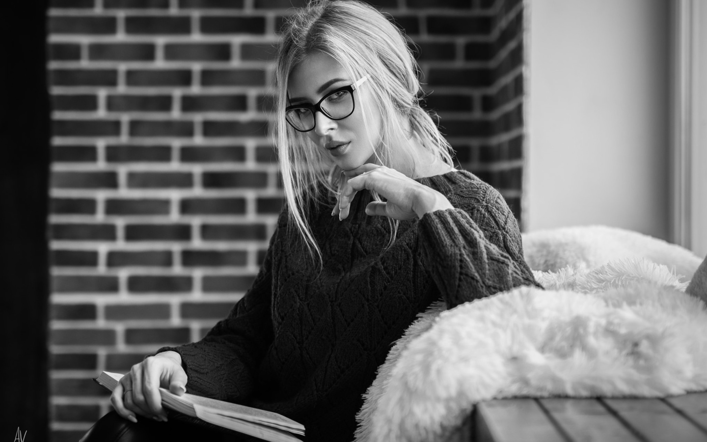 women, portrait, monochrome, women with glasses, wall, books, sitting