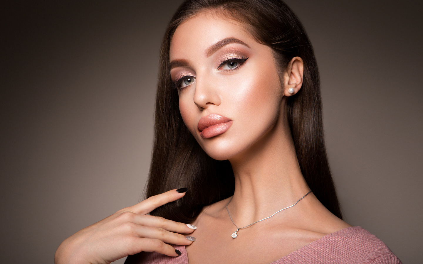 women, face, painted nails, necklace, portrait, simple background