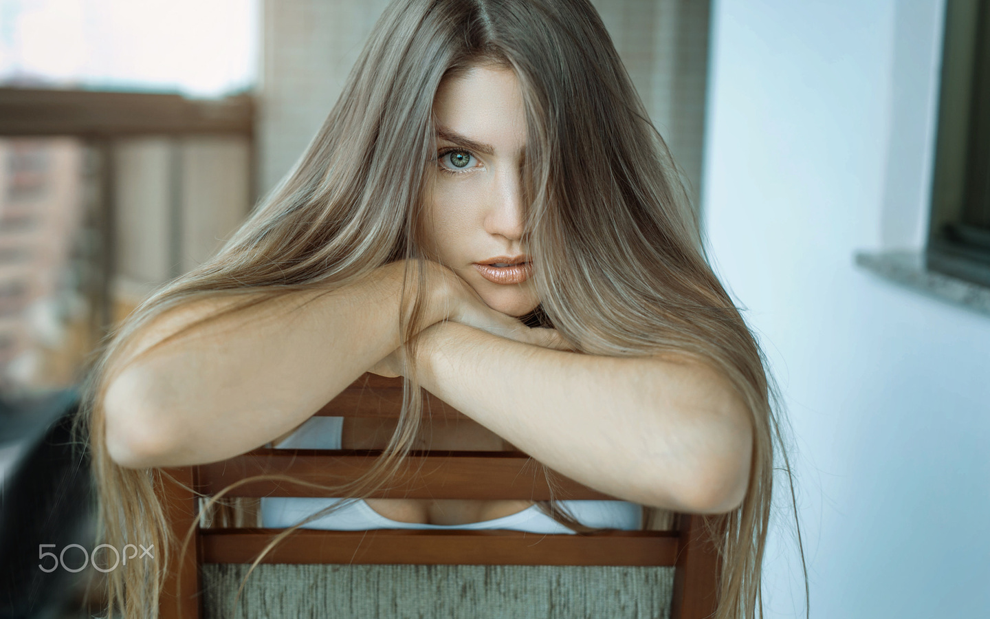 women, face, blonde, chair, portrait, long hair, depth of field, hair in face