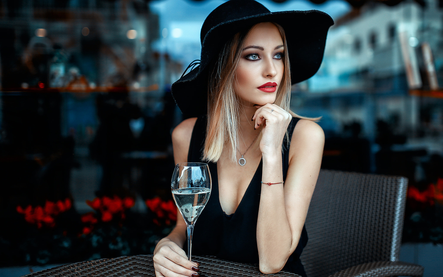 women, hat, blue eyes, painted nails, chair, table, blonde, drinking glass, depth of field, alessandro di cicco, red lipstick, necklace, looking away