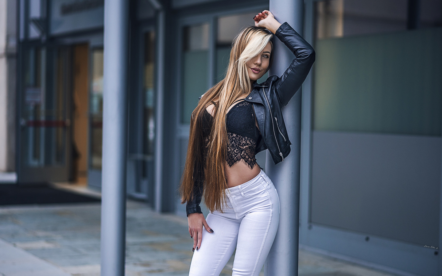 women, pants, long hair, leather jackets, smiling, painted nails, depth of field, blonde, women outdoors, piercing