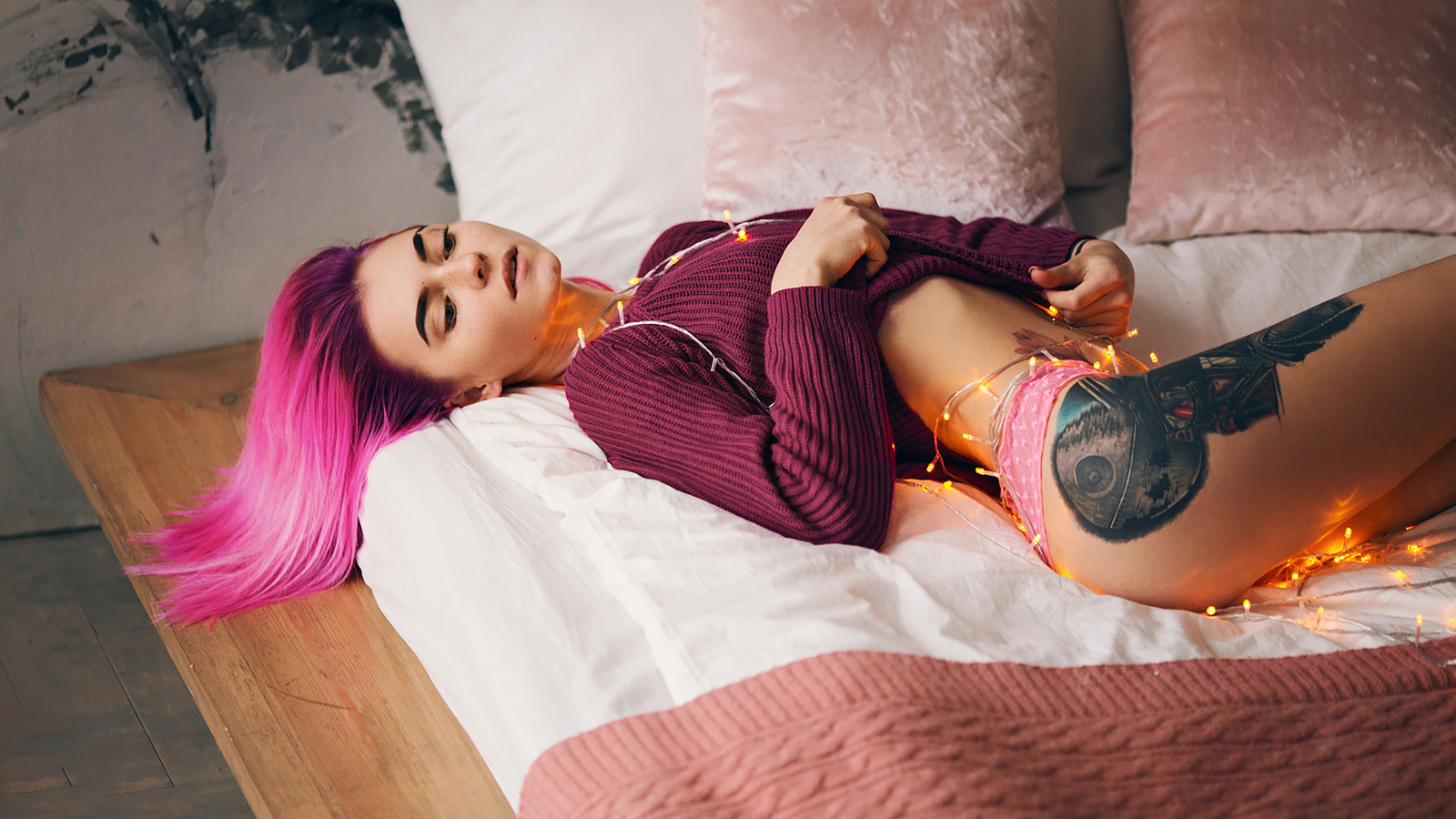 women, pink hair, dyed hair, in bed, brunette, pink panties, pillowl, ying on back, tattoo, belly, ass, lying on back,  , 