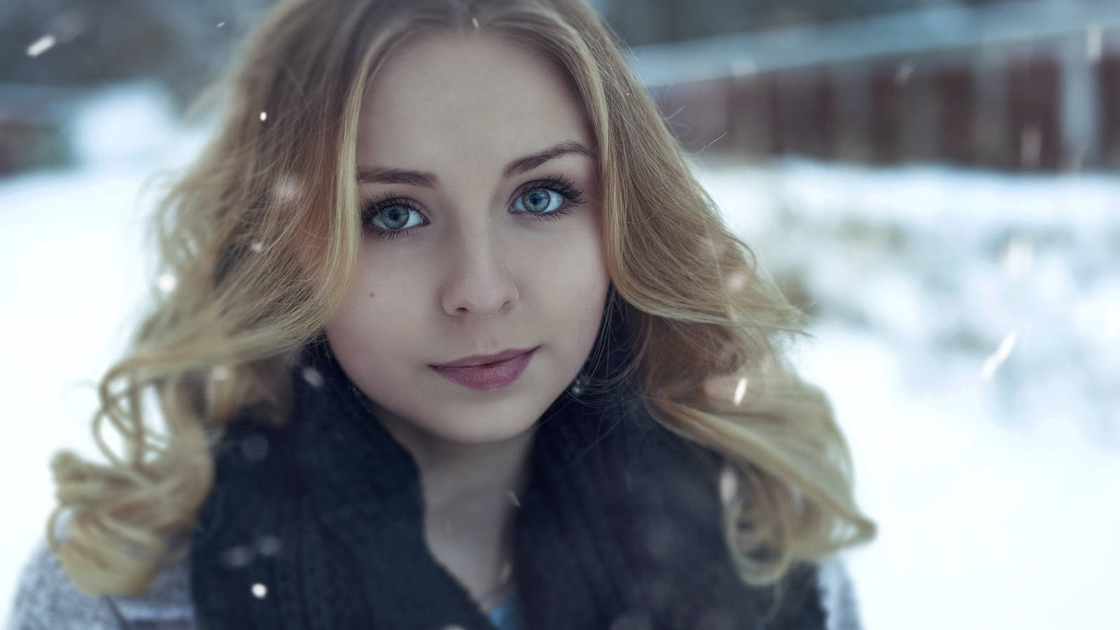 women, blonde, face, portrait, depth of field, women outdoors, snow, scarf