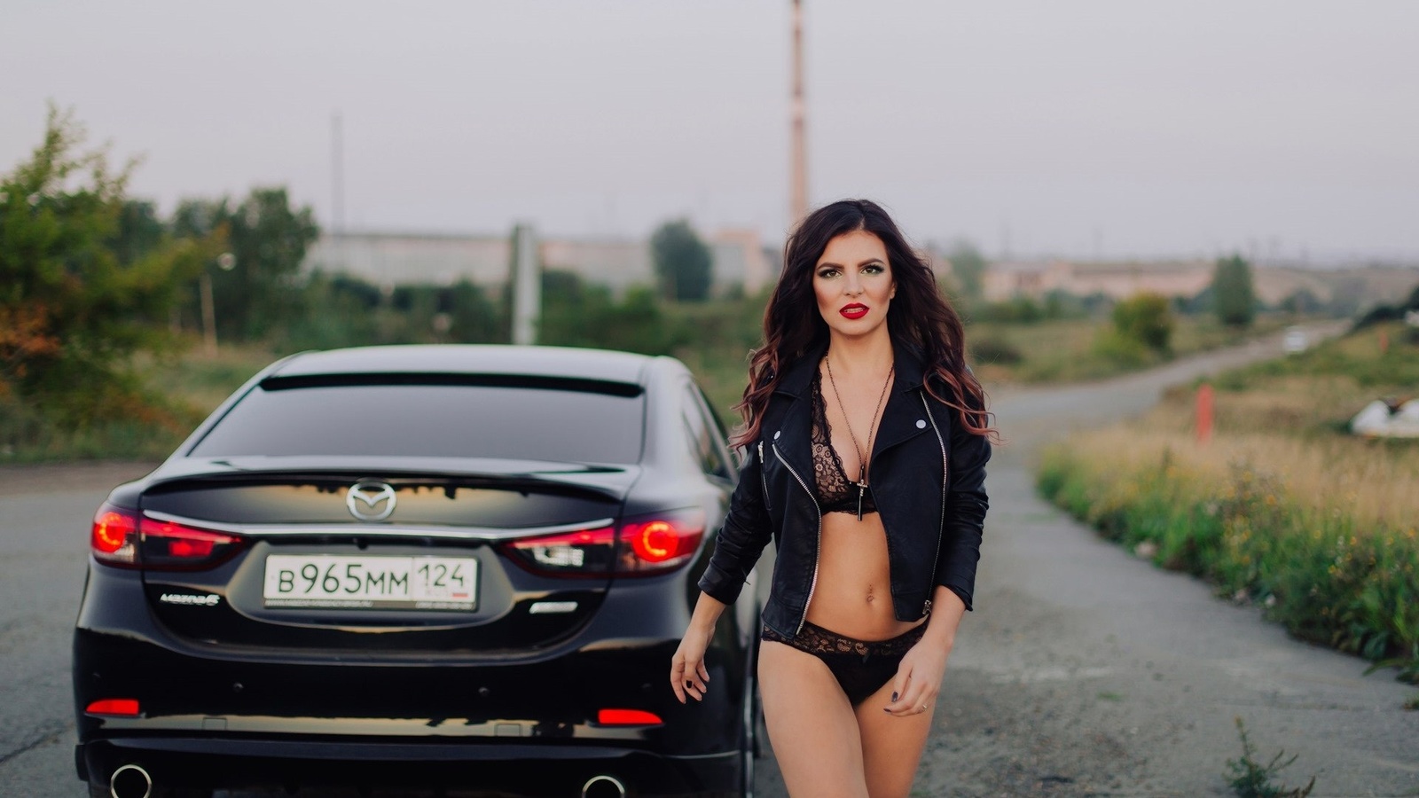 women, road, brunette, black lingerie, red lipstick, women outdoors, women with cars, belly, portrait, leather jackets, necklace, depth of field, black nails