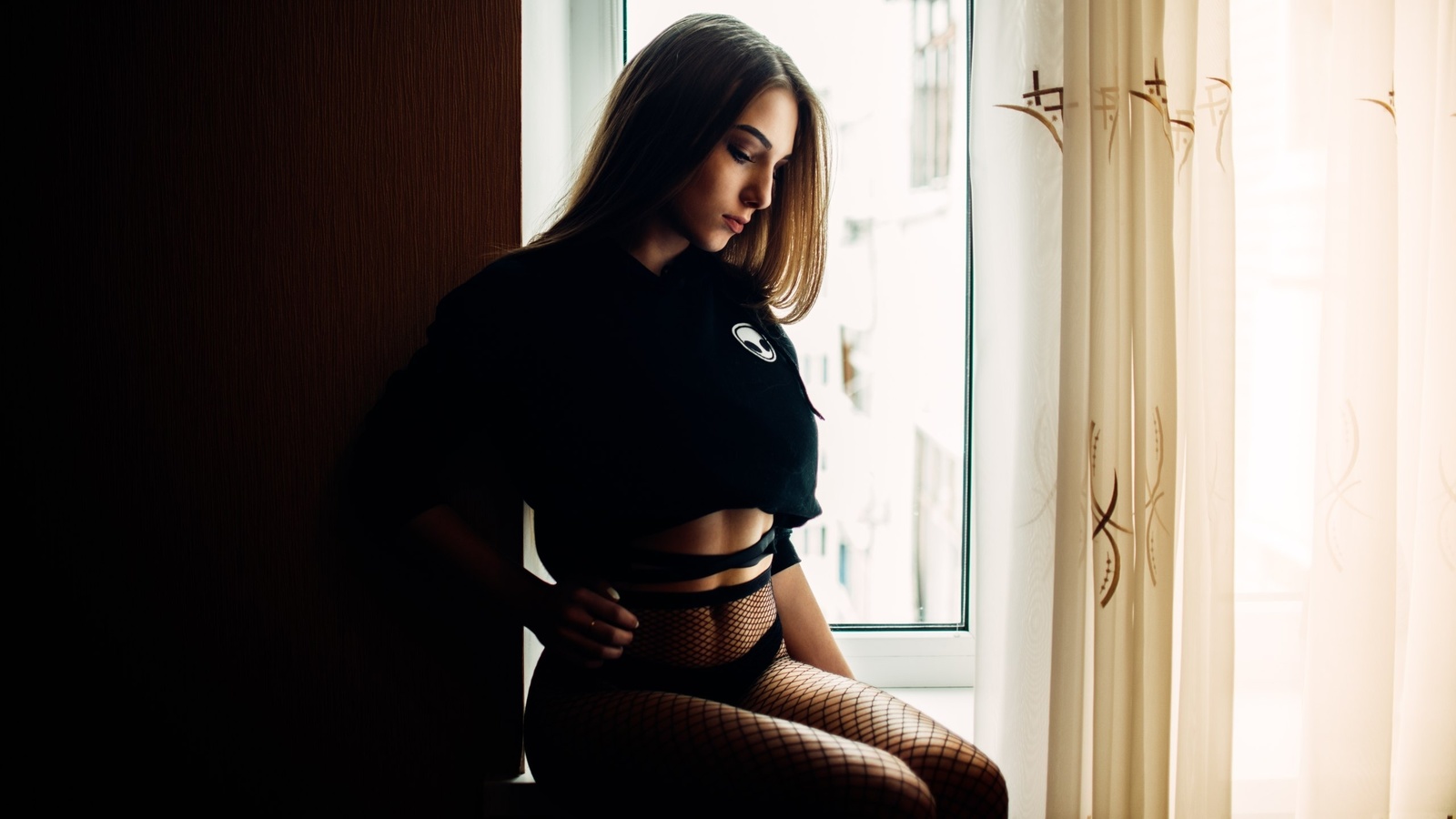 women, tanned, sitting, black panties, fishnet lingerie, belly, fishnet stockings, portrait, t-shirt