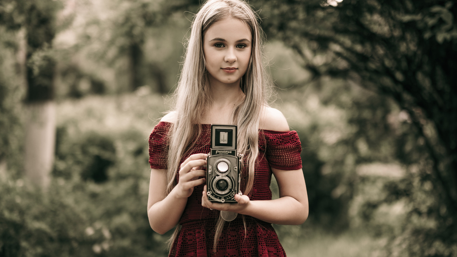 women, camera, blonde, red dress, depth of field, portrait, women outdoors